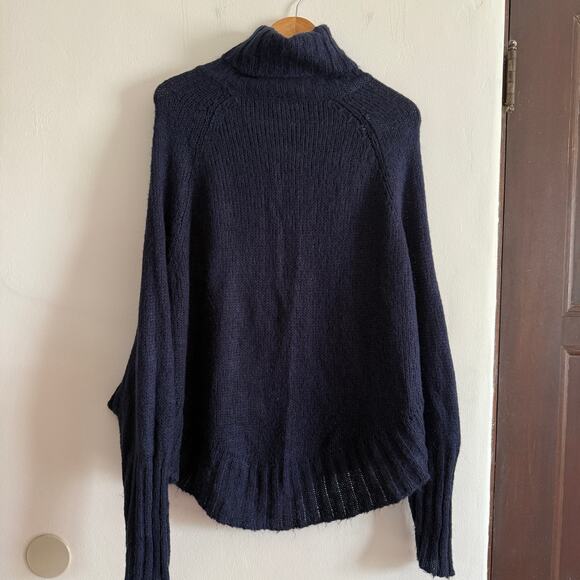 SISLEY PARIS Navy Blue Mohair Blend Cape-style Cable Knit Turtleneck sweater OS - Picture 6 of 7